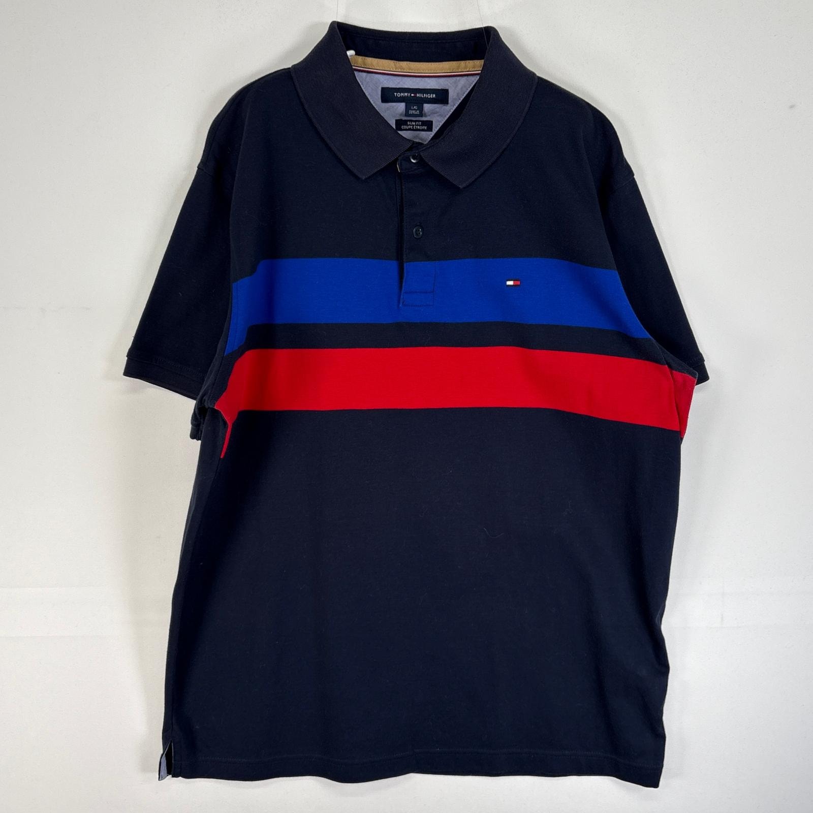 古着 トミーヒルフィガー TOMMY HILFIGER 半袖 ポロシャツ ロゴ 刺繍 2ボタン ボーダー L ネイビー系 マルチカラー メンズ