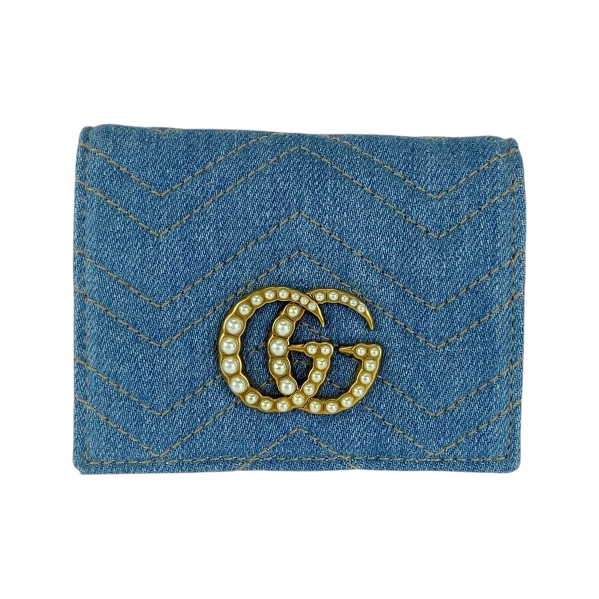 美品 GUCCI グッチ GGマーモント フェイクパール ブルー ゴールド金具 デニム 折財布 コンパクトウォレット 1-0249592 【中古】
