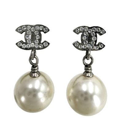 CHANEL シャネル ピアス ココマーク アクセサリー ラウンド フェイクパール ラインストーン A17V ホワイト 白 レディース 約6.6g 2017年【中古品】