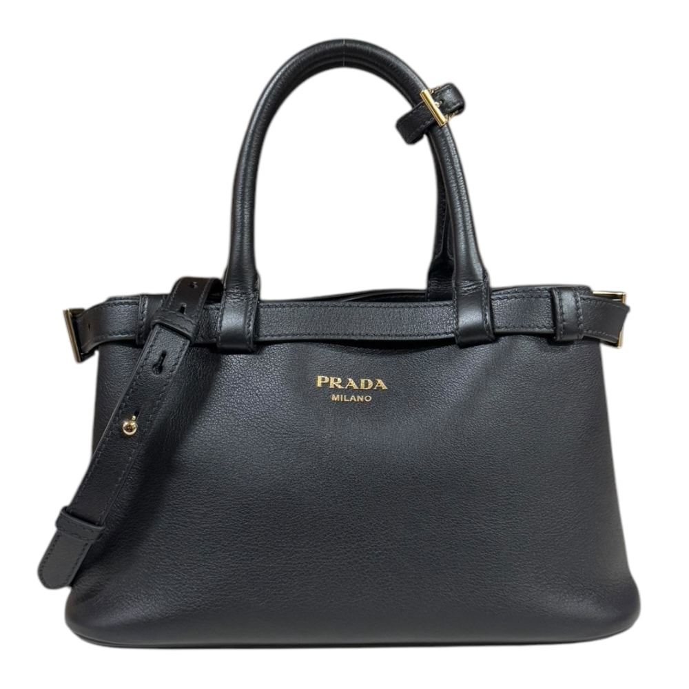 プラダ ダブルベルト付きスモールバッグ ショルダーバッグ レザー 1BA418 ブラック レディース PRADA  中古