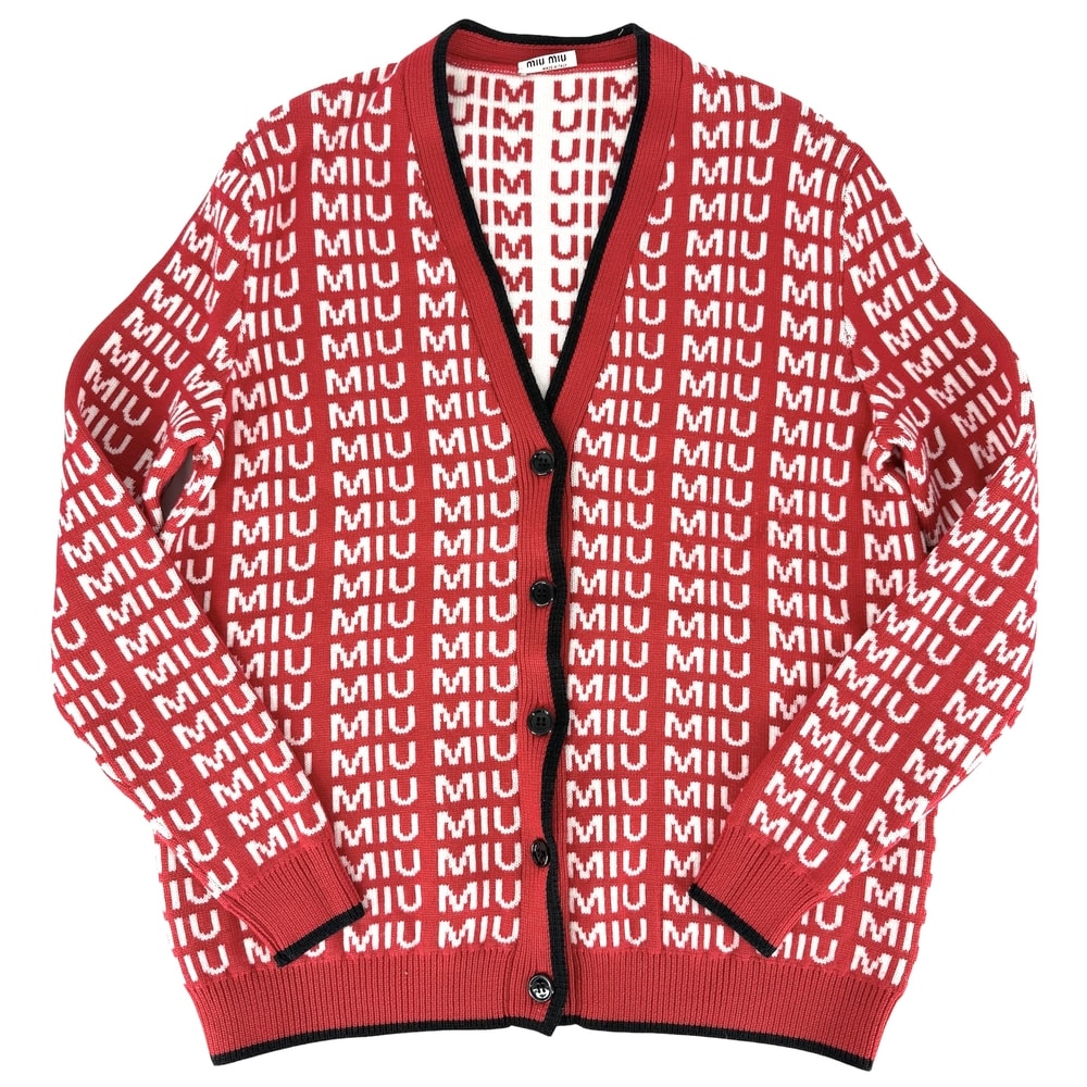 MIUMIU ミュウミュウ カーディガン 総柄 ロゴ Vネック アパレル 服 36 MMF198 1V8X レッド 赤 ホワイト 白 ウール    レディース 春 秋【中古品】