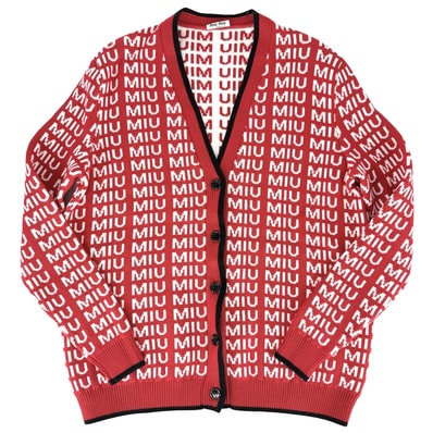 MIUMIU ミュウミュウ カーディガン 総柄 ロゴ Vネック アパレル 服 36 MMF198 1V8X レッド 赤 ホワイト 白 ウール レディース 春 秋【中古品】