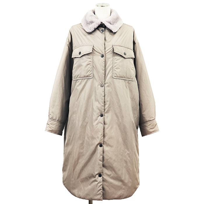 MONCLER モンクレール ナイロンコート CAMICIA サイズ 40 レディース 2022年製 ロゴ ボタン ファーカラー取り外し可 アウター ハンガー付属 グレージュ 灰色 ルーマニア製