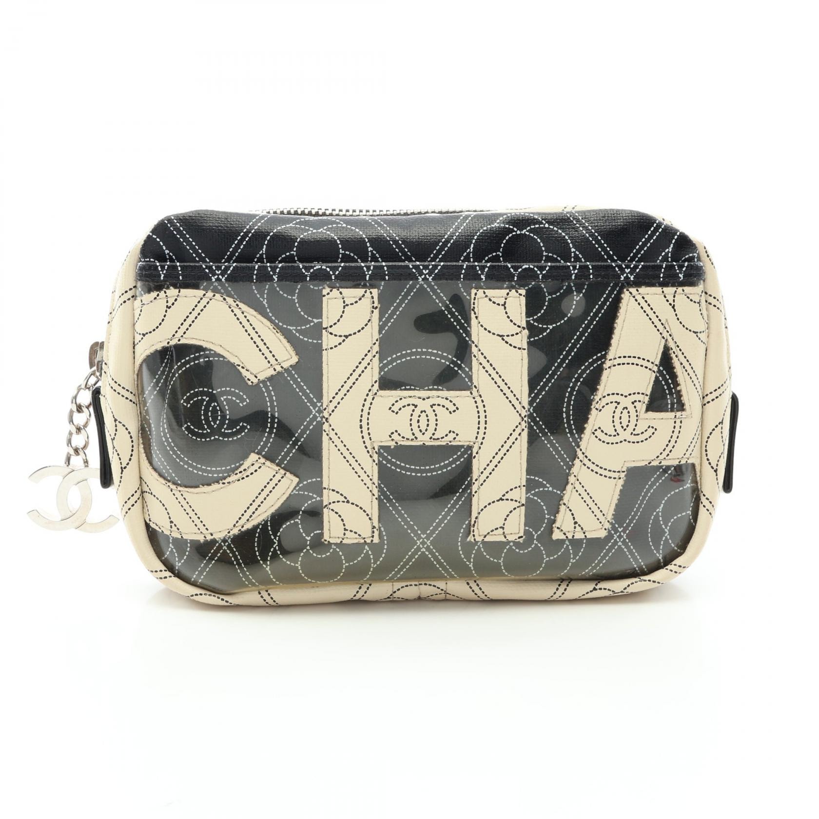 シャネル CHANEL カメリア ココマーク ポーチ バッグ PVCコーティングキャンバス レディース ブラック系 / ホワイト系 【中古】