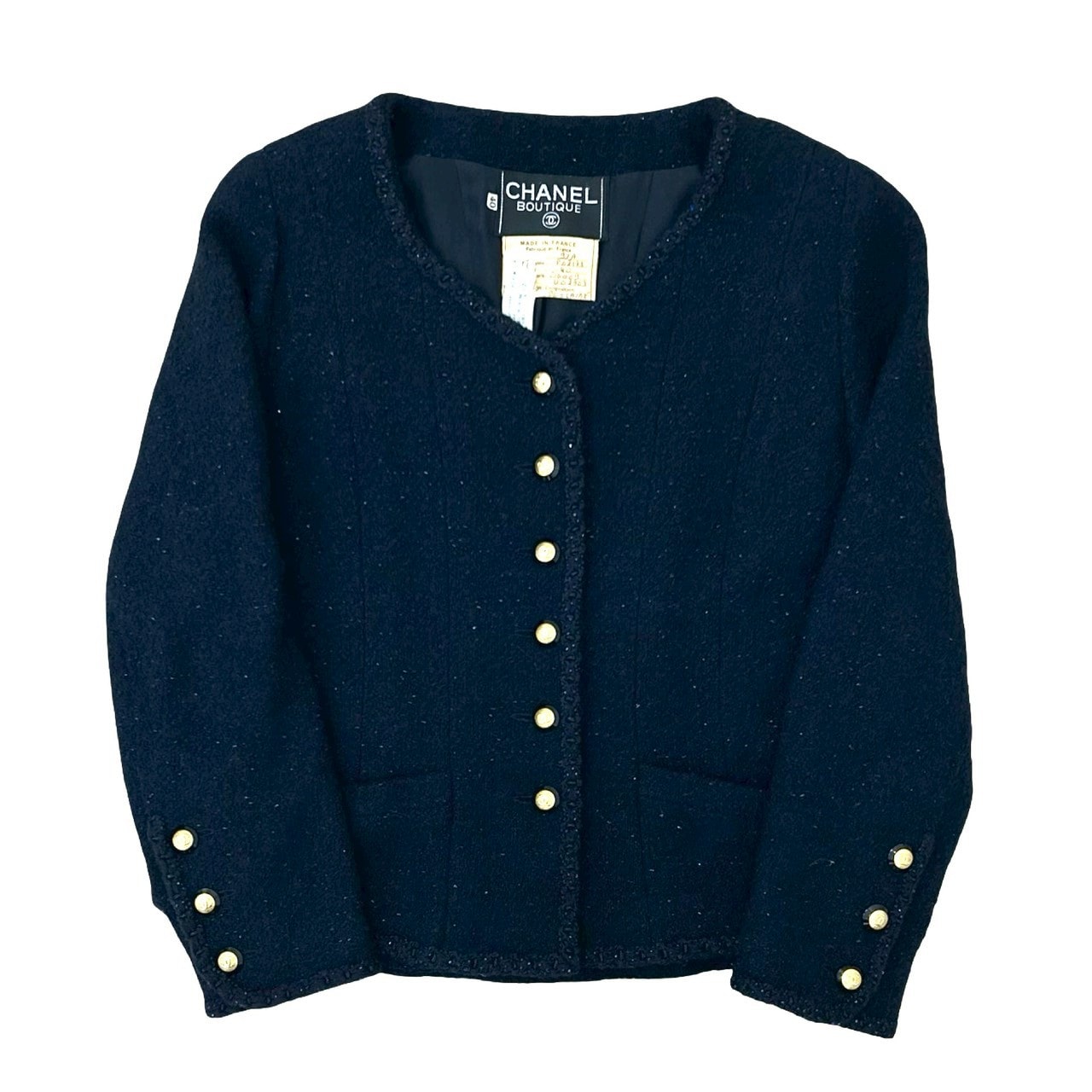 CHANEL シャネル ココマーク ボタン ウール ナイロン シルク ノーカラージャケット ネイビー
1762a