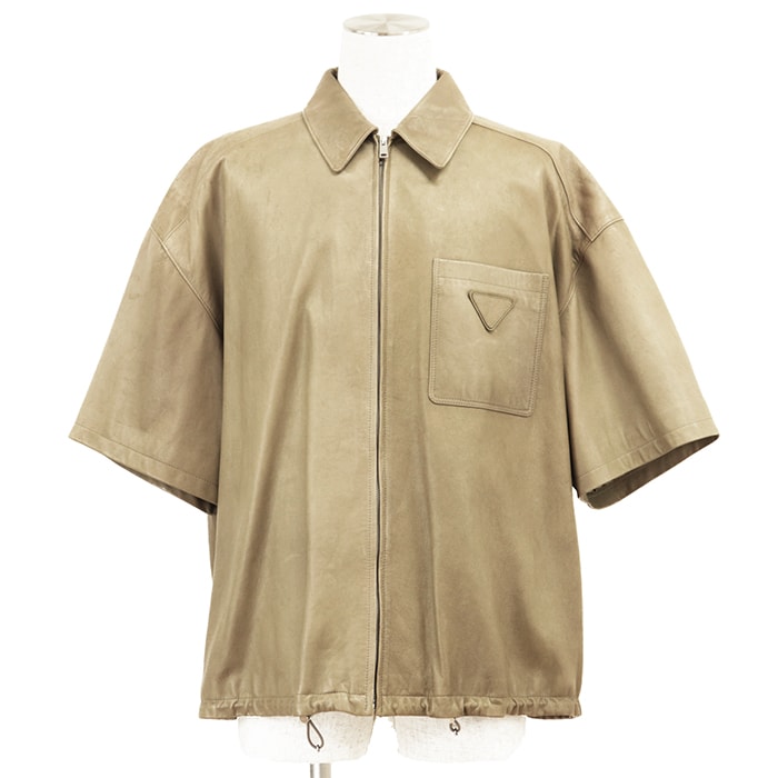 PRADA プラダ ジャケット レザー サイズ 54 メンズ 2023年製 ロゴ トライアングル ジップアップ ショートスリーブ 半袖 ラムスキン  アウター ベージュ イタリア製