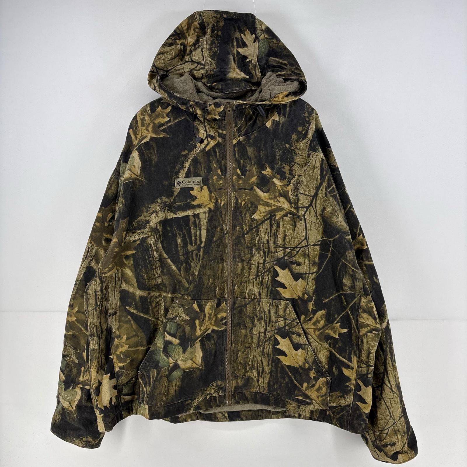 古着 コロンビア Columbia ダック ジャケット フルジップ リアルツリー カモフラ パーカー フーディ 2XL  ブラウン系 メンズ