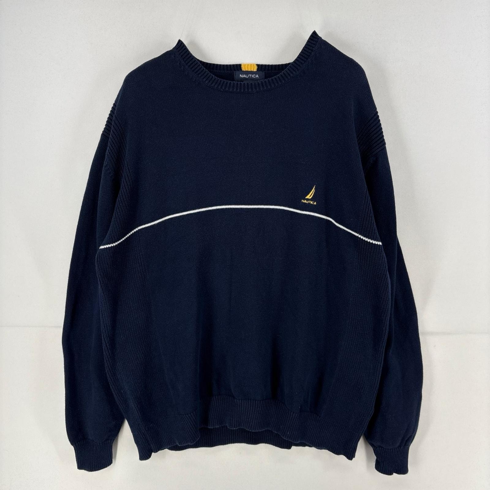 古着 ノーティカ NAUTICA ニット セーター プルオーバー ワンポイントロゴ 刺繍 大きいサイズ 大きいサイズ 2XL  ネイビー メンズ