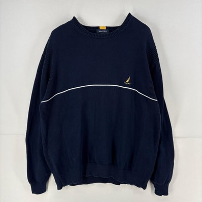 古着 ノーティカ NAUTICA ニット セーター プルオーバー ワンポイントロゴ 刺繍 大きいサイズ 大きいサイズ 2XL ネイビー メンズ