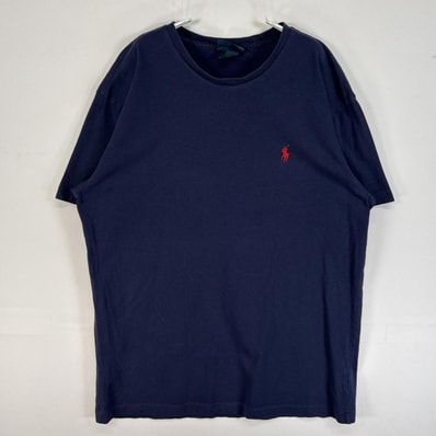 古着 90's/90年代 ポロバイラルフローレン Polo by Ralph Lauren 半袖Tシャツ ロゴ 刺繍 シングルステッチ クルーネック M ネイビー メンズ