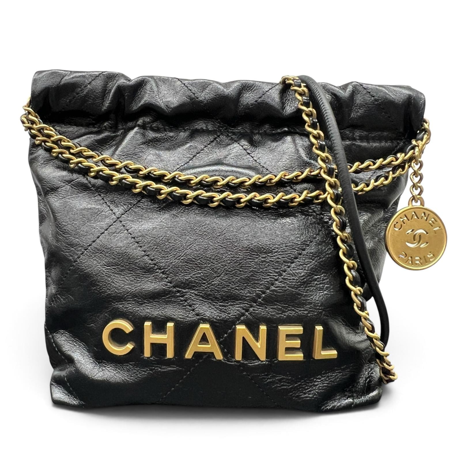 CHANEL 展示品級美品 シャネル22 2way ミニハンドバッグ チェーンショルダーバッグ AS3980 カーフスキン レザー ブラック ゴールド金具 ホーボーバッグ ポシェット 巾着 ココマーク SAランク 鑑定済 中古 シャネルバッグ
