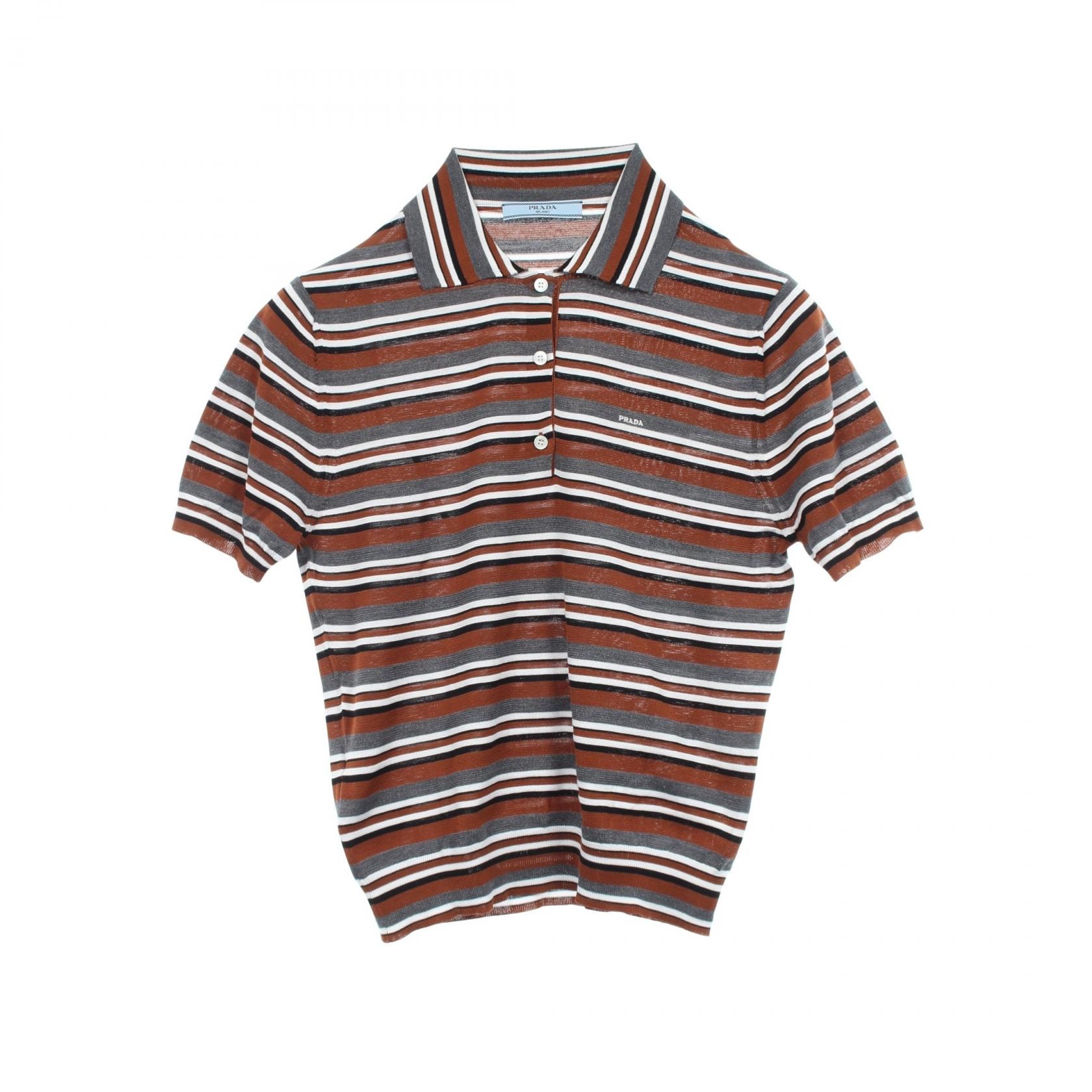 プラダ PRADA ボーダー半袖 ポロシャツ 衣料品 トップス コットン シルク レディース ブラウン系 / マルチカラー 【中古】