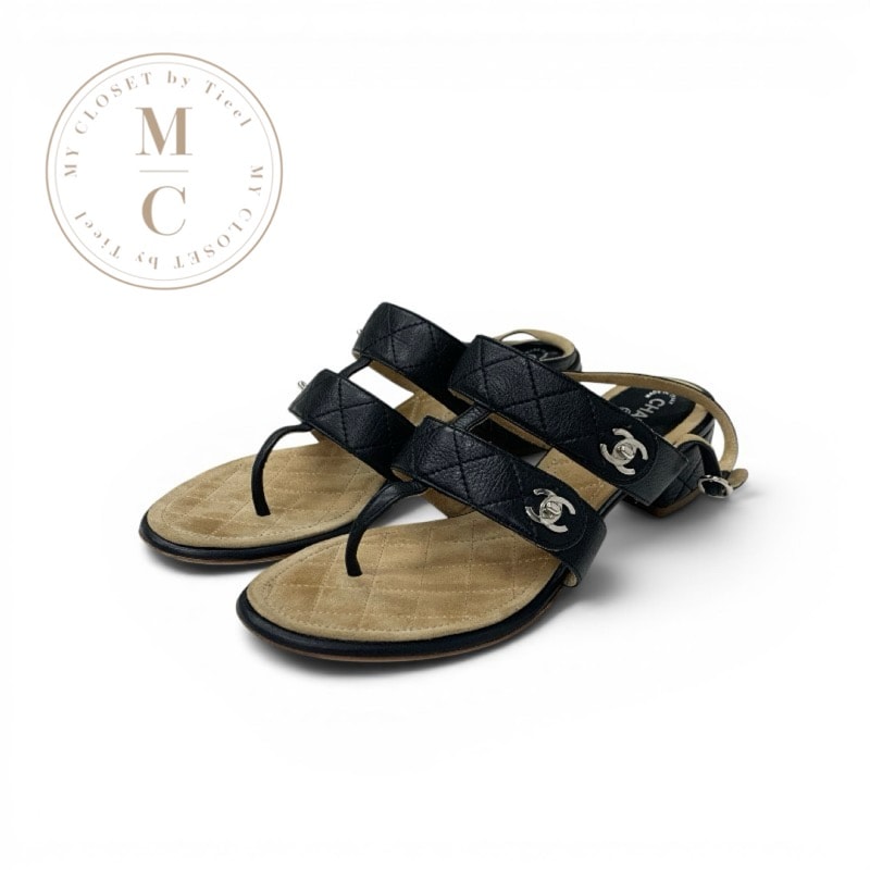 シャネル CHANEL サンダル 靴 シューズ レザー ブラック シルバー ココマーク マトラッセ ストラップ