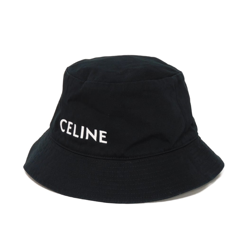 CELINE セリーヌ ロゴ バケットハット 刺繡 L 59cm ホワイト バイカラー 新ロゴ ギャバジンコットン ウルトラブラック 帽子 2AUO968P.38UB