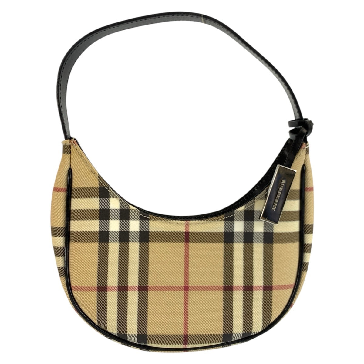 美品 BURBERRY バーバリー チェック柄 ベージュ ブラック シルバー金具 PVC ハンドバッグ ミニホーボー アクセサリーポーチ 603748 【中古】