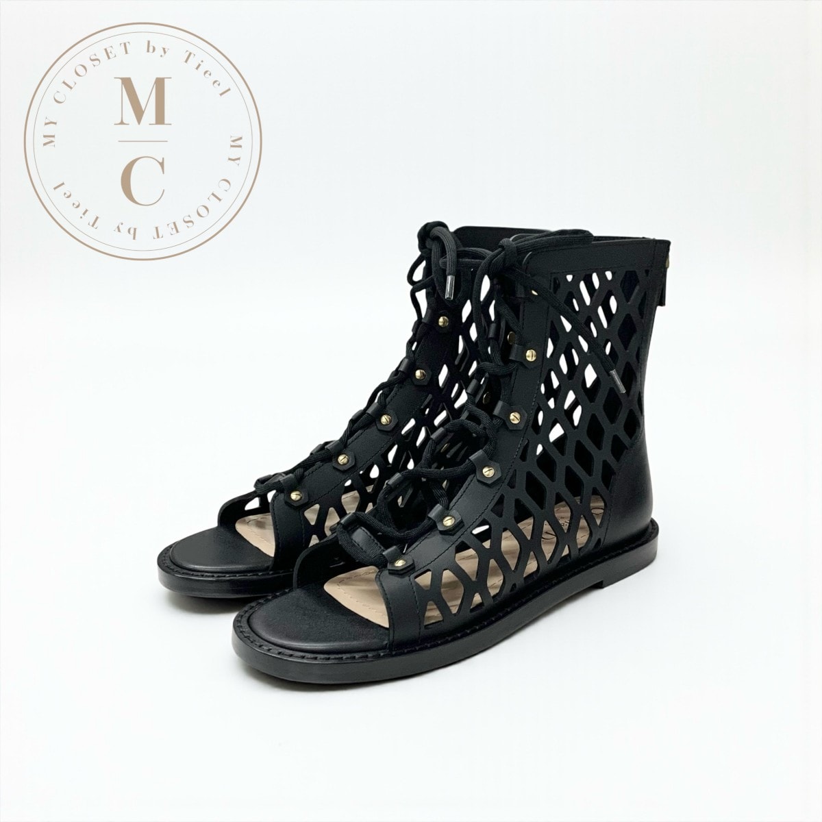 クリスチャンディオール CHRISTIAN DIOR D-TRAP ブーツ ショートブーツ 靴 シューズ レザー ブラック 黒 メッシュ レースアップ サンダル オープントゥ