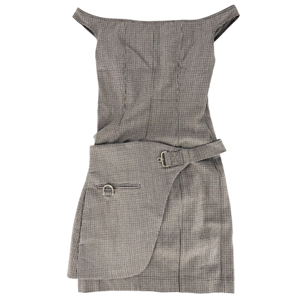 FENDI フェンディ ワンピース サイドペプラム オフショルダー オーロック 千鳥格子 服 ドレスワンピース 36 FDB871 ブラウン 茶 ホワイト 白 ゴールド金具 ウール  ナイロン  ポリウレタン  レディース 春 秋 美品【中古品】