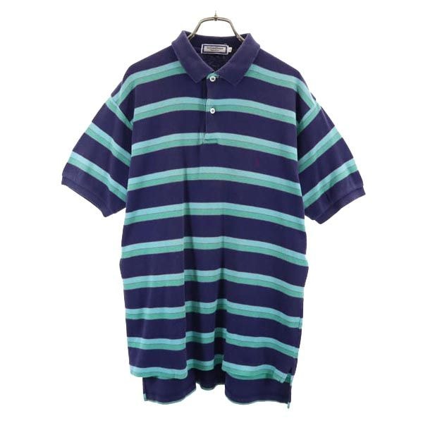 YVES SAINT LAURENT イヴサンローラン ボーダー柄 半袖 ポロシャツ L ネイビー系