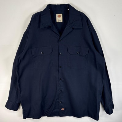 古着 ディッキーズ Dickies 長袖シャツ ワーク 作業着 フラップポケ ワンポイント ロゴ L ネイビー 無地 メンズ