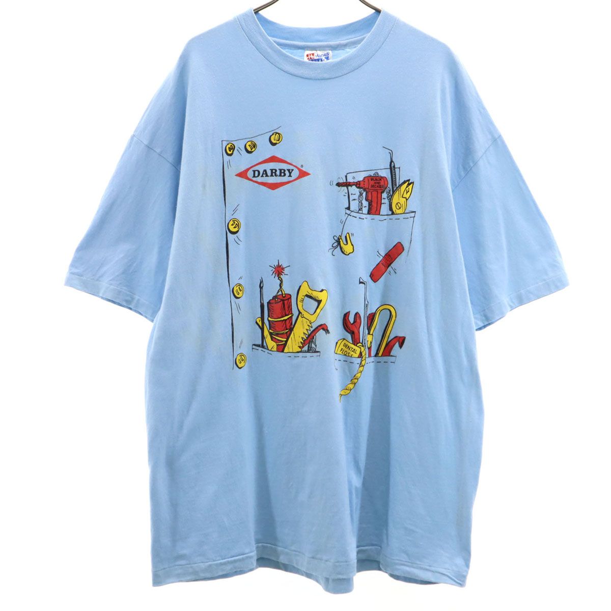 Hanes ヘインズ 90s USA製 オールド Darby Dental Supply 半袖 Tシャツ XL 水色 BEEFY-T シングルステッチ 企業モノ