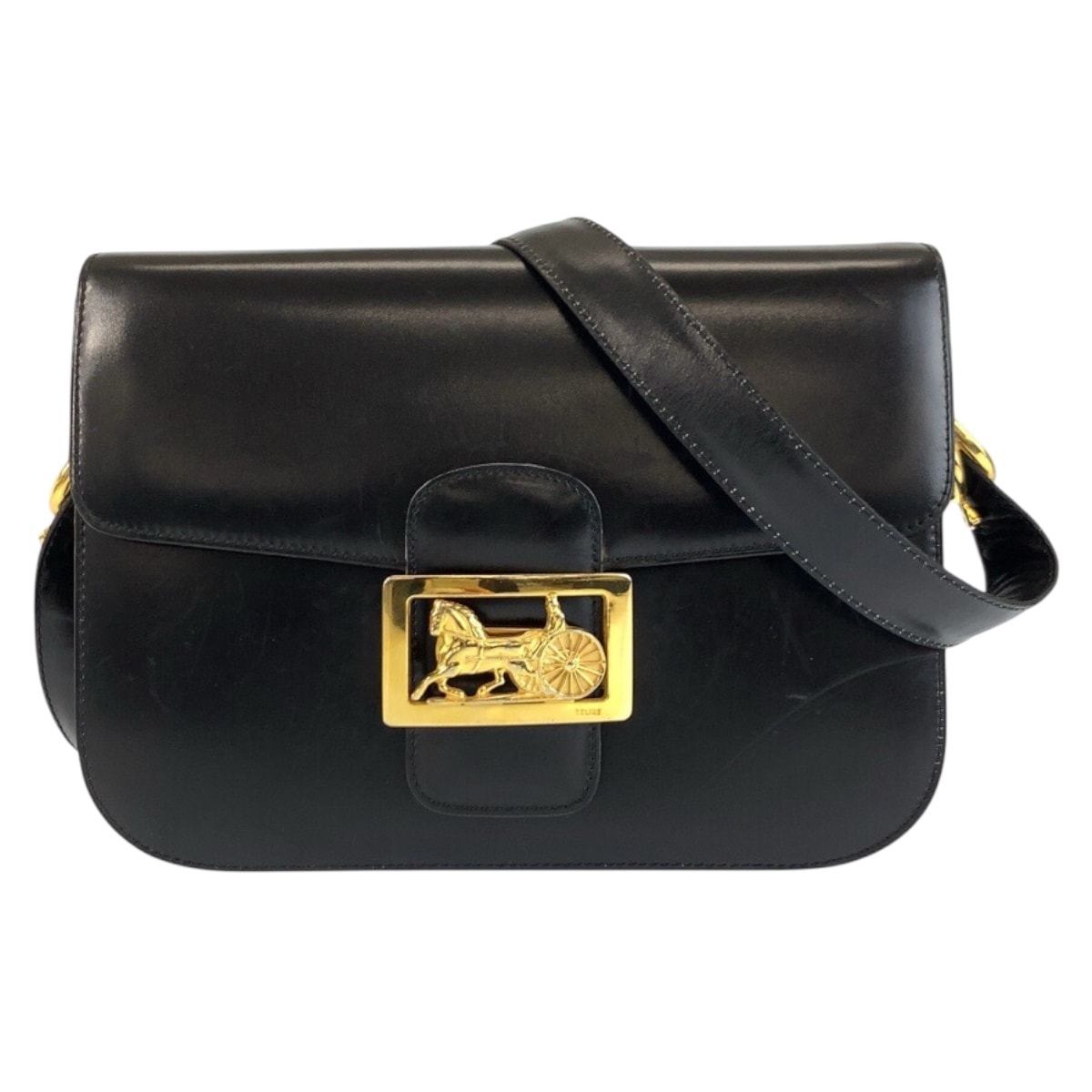 CELINE セリーヌ ヴィンテージ 馬車金具 ホースキャリッジ ブラック 黒 ゴールド金具 レザー ショルダーバッグ ポシェット 602428 【中古】