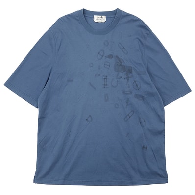 HERMES エルメス Tシャツ メンズ サイズ XXL 2025年製 シグネチャー ロゴ H エクエストリアン 馬具 エンブロイダリー モチーフ 刺繍 天竺 サイドスリット プルオーバー ショートスリーブ 半袖 トップス フェードブルー 青 イタリア製