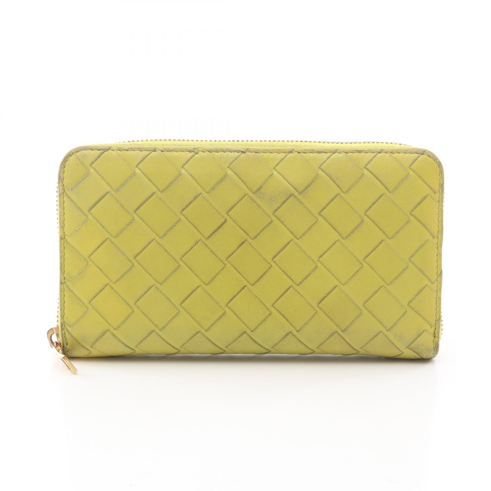 ボッテガヴェネタ BOTTEGA VENETA イントレチャート ラウンド長財布 財布 レザー メンズ レディース グリーン系 【中古】