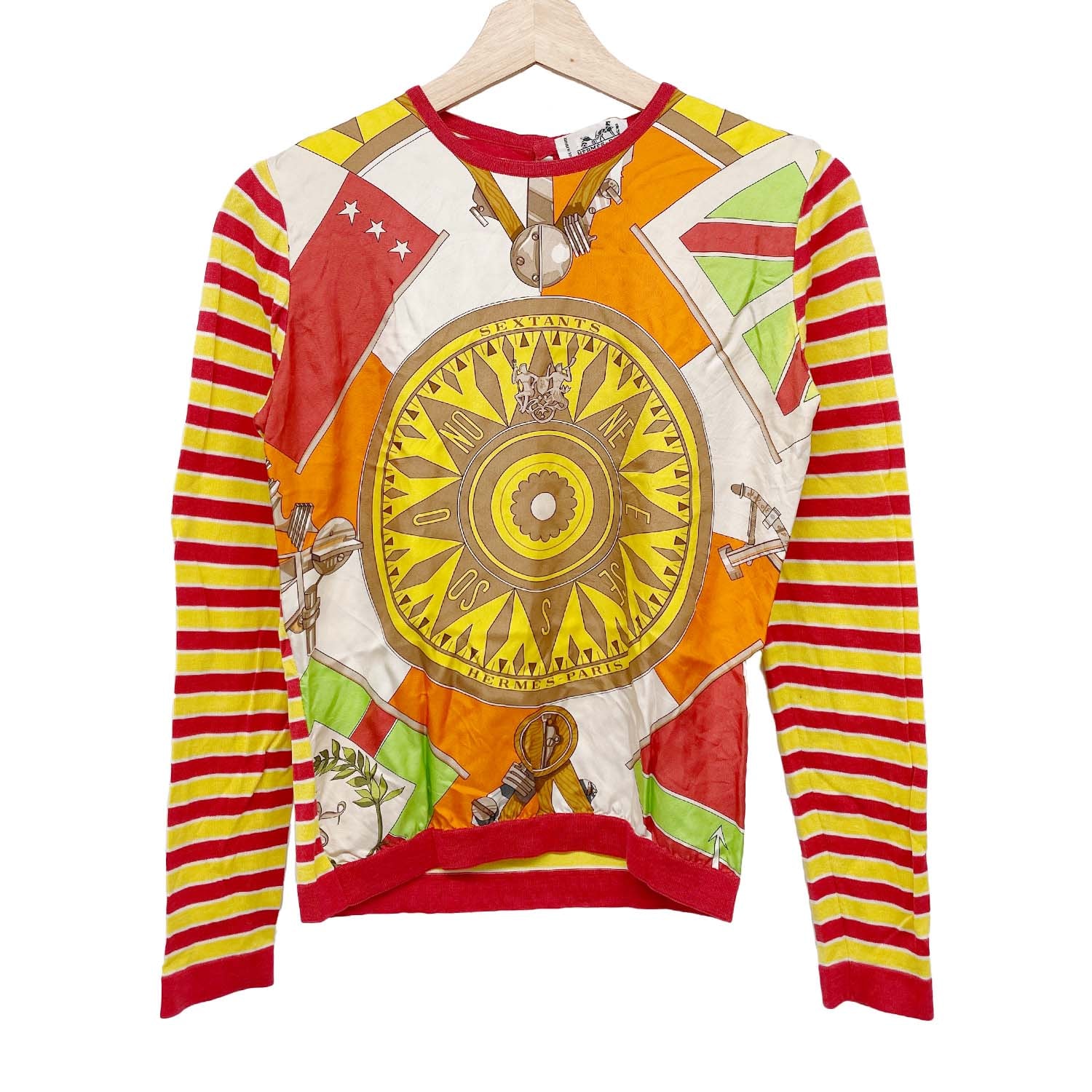 HERMES エルメス sextant セクスタント 六分儀 カットソー 長袖 ニット ロンT ボーダー シルク コットン 36 イエロー レディース 【中古】