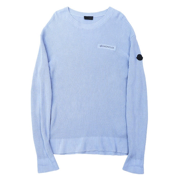 【SALE】MONCLER モンクレール ニット ワッフル 2023年製 ロゴ プリント ラバーワッペン クルーネック ロングスリーブ 長袖 トップス メンズ サイズ XL サックスブルー 青 ブルガリア製