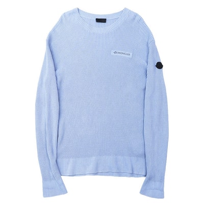 【SALE】MONCLER モンクレール ニット ワッフル 2023年製 ロゴ プリント ラバーワッペン クルーネック ロングスリーブ 長袖 トップス メンズ サイズ XL サックスブルー 青 ブルガリア製