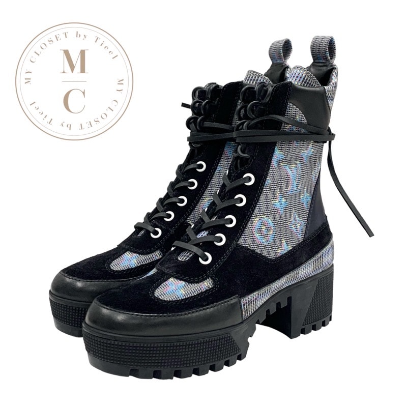 ルイヴィトン LOUIS VUITTON ローリエートライン モノグラム ブーツ ショートブーツ 靴 シューズ レザー スエード ブラック ブルー系 レースアップ アンクルブーツ