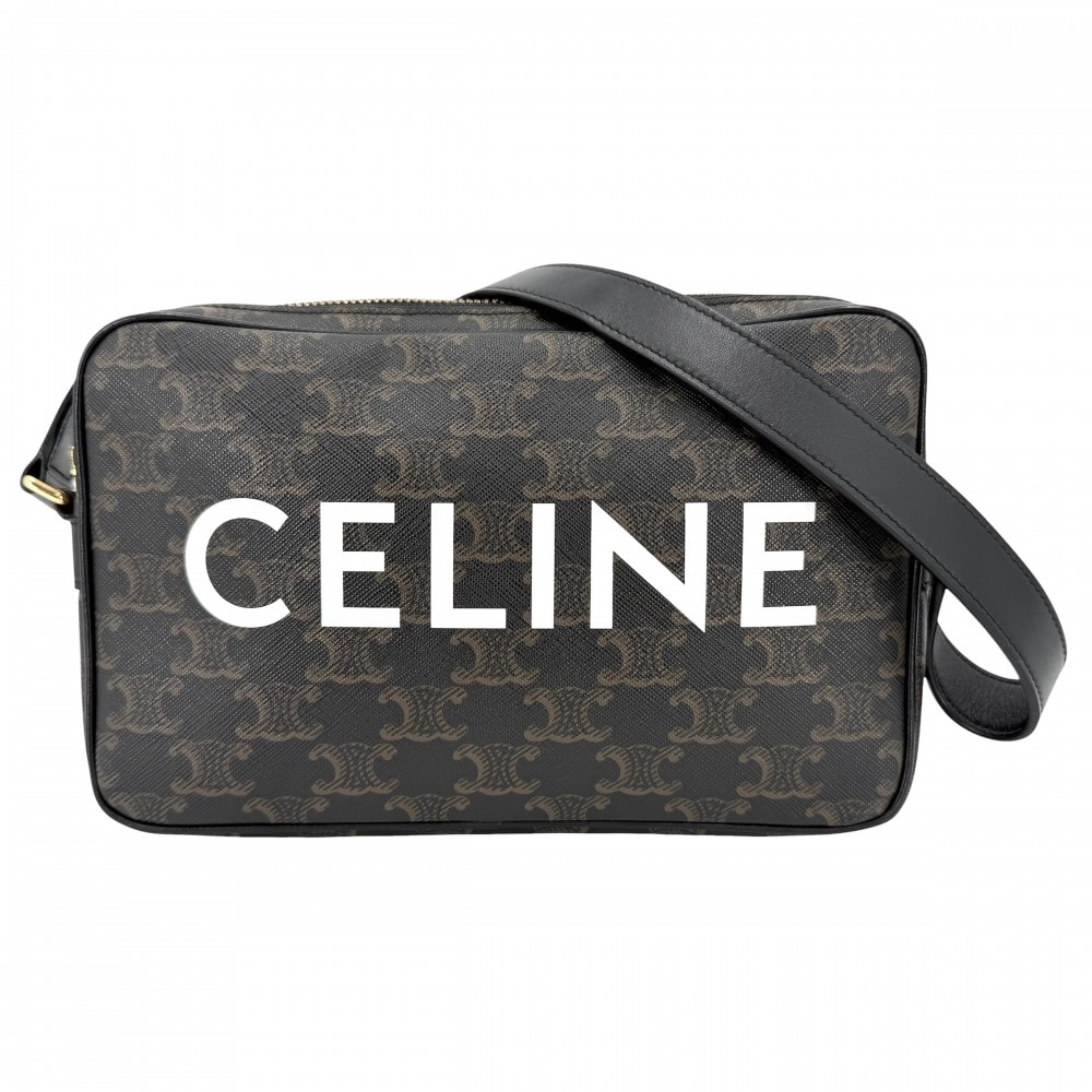 CELINE セリーヌ ショルダーバッグ ミディアムメッセンジャーバッグ ロゴ ロゴプリント 肩掛け 斜め掛け  トリオンフキャンバス  カーフスキン  ブラック 黒 ブラウン 茶 ゴールド金具 レディース【中古品】