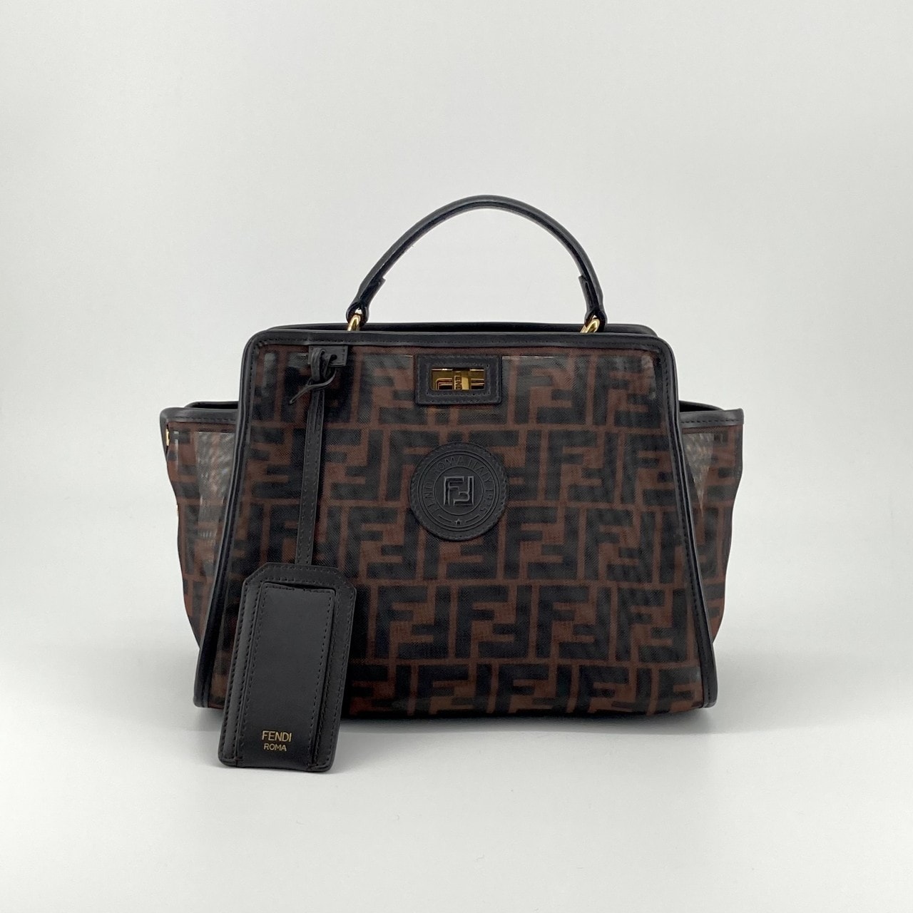 FENDI(フェンディ) ピーカブー ミニ ディフェンダー ズッカ柄 2WAY PVCコーティングキャンバス  / レザー  / ポリエステルメッシュ 8BN244 ハンドバッグ ダークブラウン×ブラック