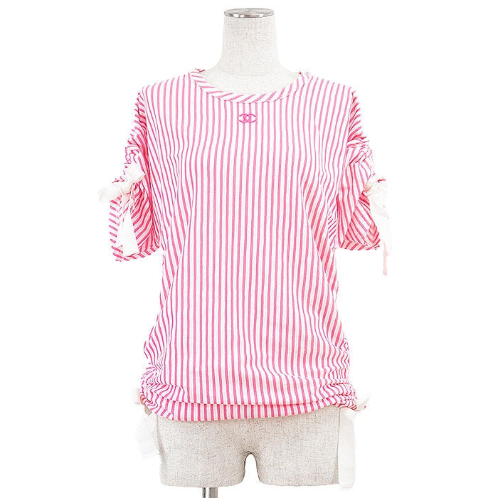 【美品】 シャネル COCOマーク エンブロイダリー 刺繍 シャーリングスリーブ キャンディーストライプ カットソー レディース ピンク ホワイト 40 CHANEL