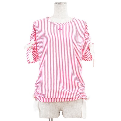 【美品】 シャネル COCOマーク エンブロイダリー 刺繍 シャーリングスリーブ キャンディーストライプ カットソー レディース ピンク ホワイト 40 CHANEL