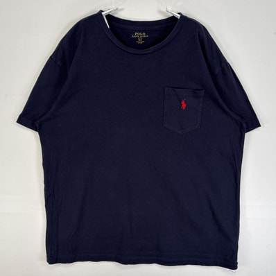 古着 ポロ・ラルフローレン POLO RALPH LAUREN 半袖Tシャツ ロゴ 刺繍 胸ポケ シングルステッチ L ネイビー 無地 メンズ
