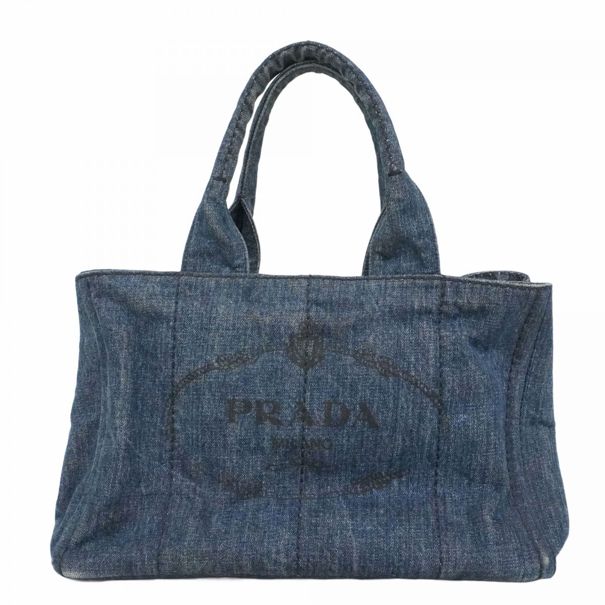 【6db1079-k】プラダ トートバッグ カナパ デニム ネイビー ゴールド金具【中古】レディース