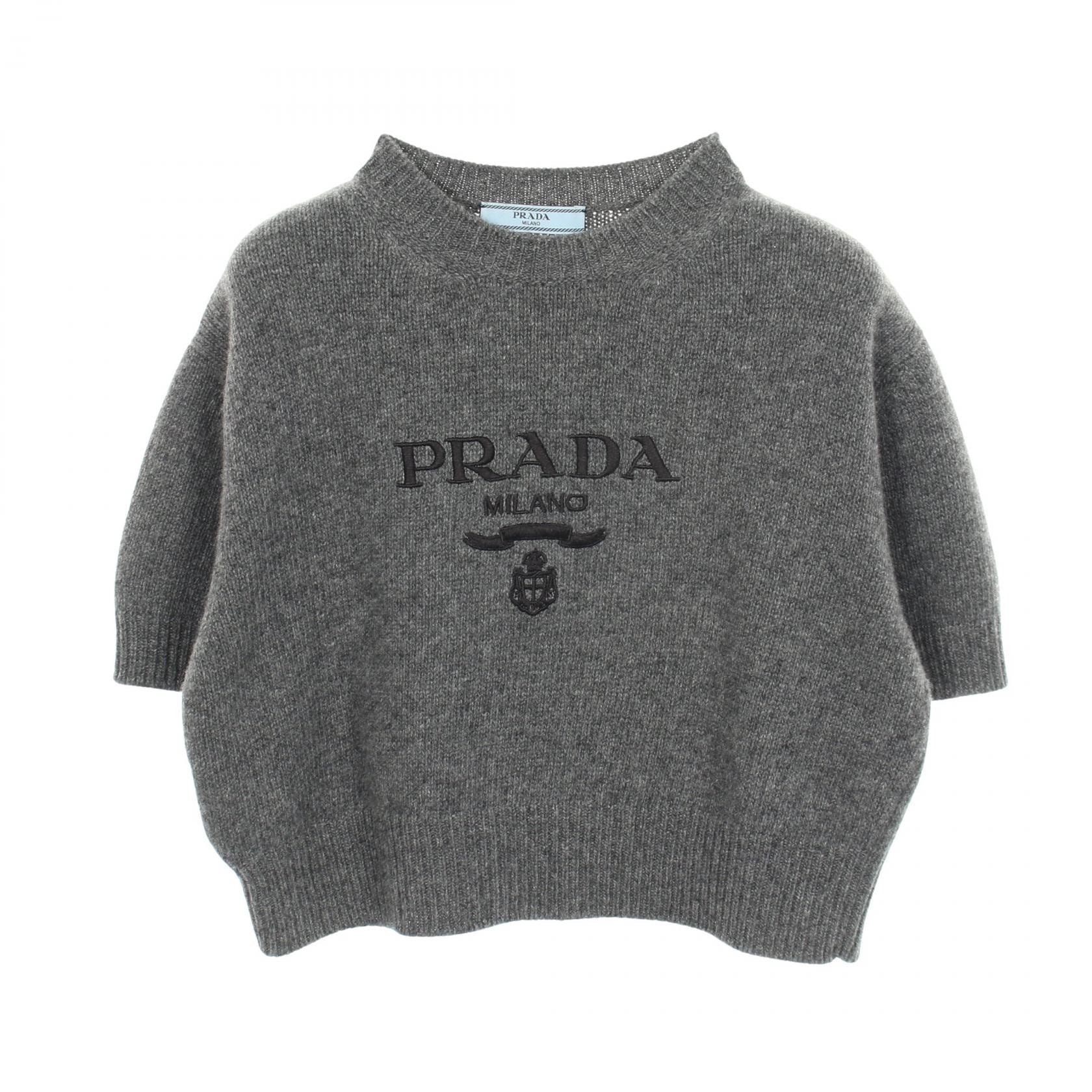 プラダ PRADA ロゴ刺繍 半袖 ショート丈 ニット 衣料品 トップス ウール カシミヤ レディース グレー系 P24Z1U 【中古】