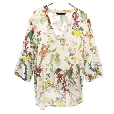 ZARA WOMAN ザラウーマン ポルトガル製 花柄 7分袖 Vネック ブラウス L ホワイト