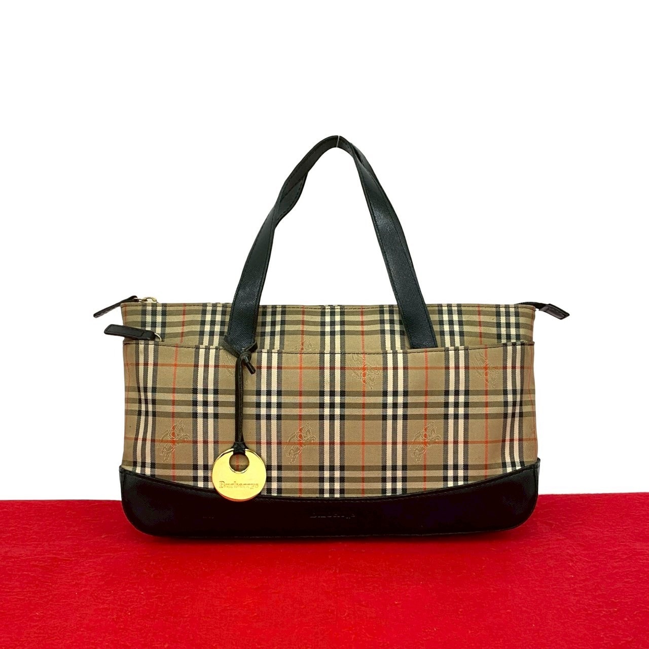 BURBERRY バーバリー ノバチェック 柄 レザー キャンバス ハンドバッグ ブラック
 37975