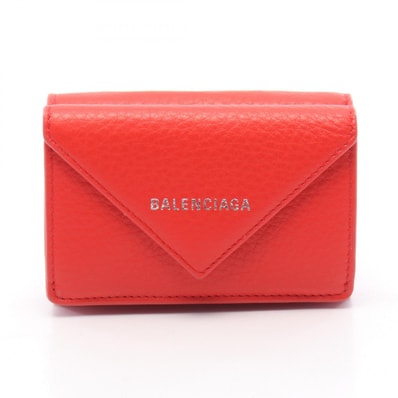 バレンシアガ BALENCIAGA ペーパーミニウォレット 三つ折り財布 財布 レザー レディース レッド系 391446 【中古】