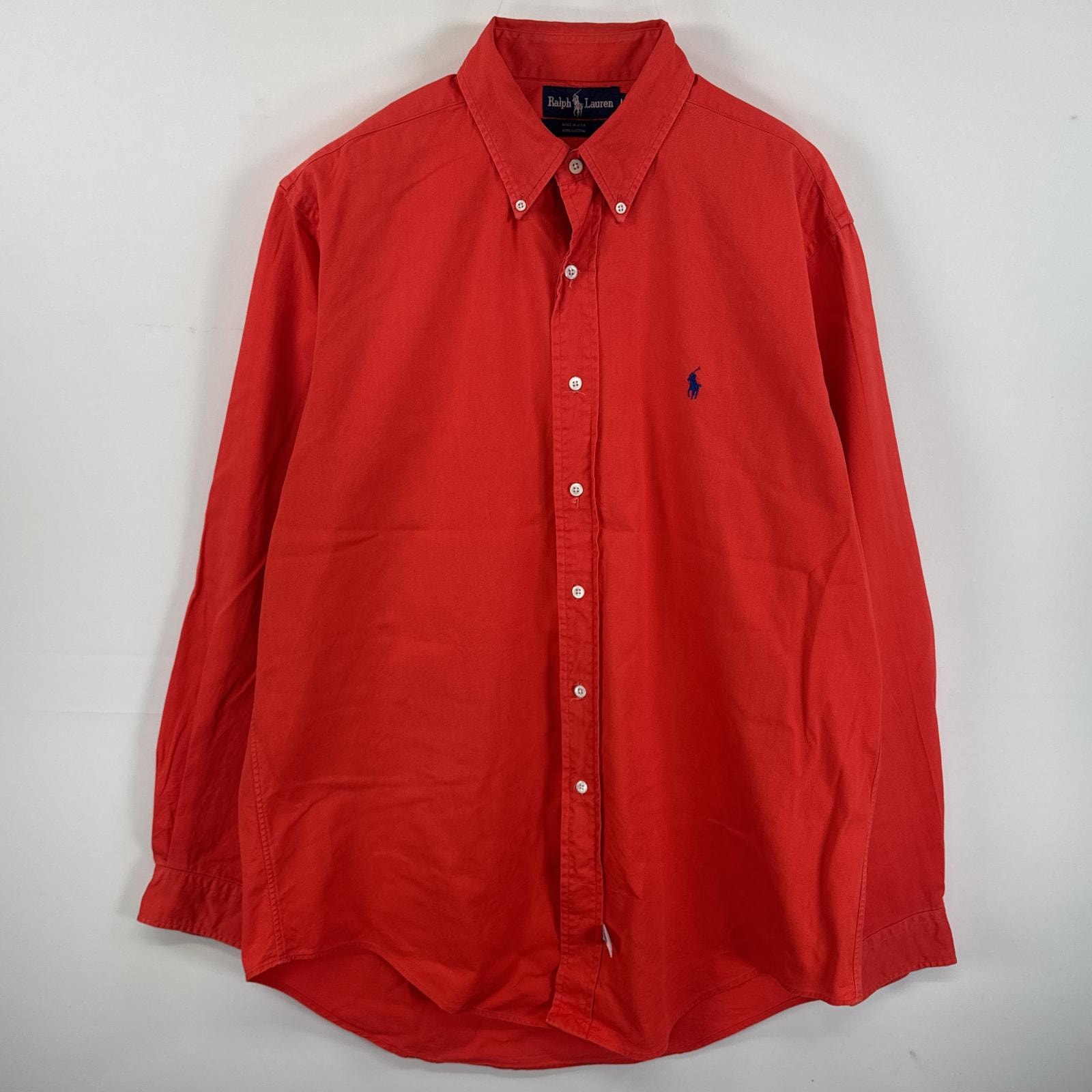 古着 ラルフローレン RALPH LAUREN 長袖シャツ ボタンダウンシャツ ワンポイント USA製 刺繍 ロゴ L  オレンジ 無地 メンズ