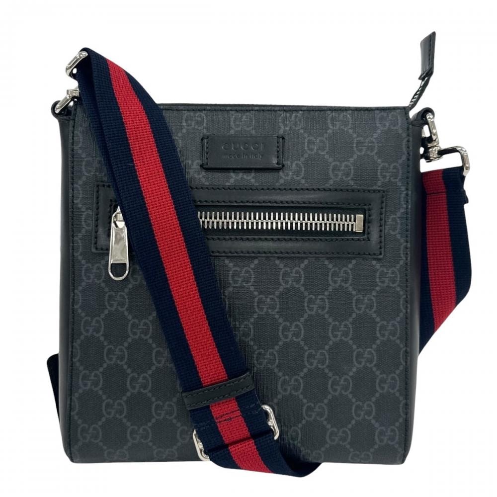 GUCCI グッチ ショルダーバッグ ウェブ ストライプ  斜め掛け 523599 GGスプリームキャンバス  レザー   ブラック 黒 レッド 赤 シルバー金具 メンズ【中古品】