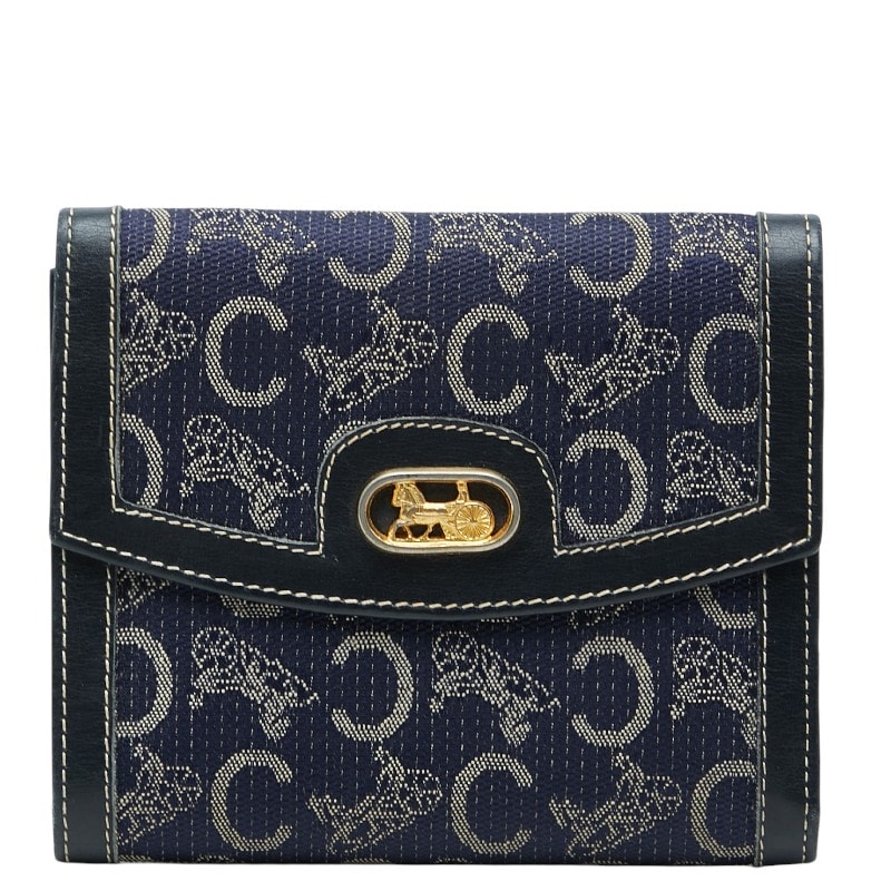 セリーヌ Cサルキー 二つ折り財布 ネイビー キャンバス レザー レディース CELINE 【中古】