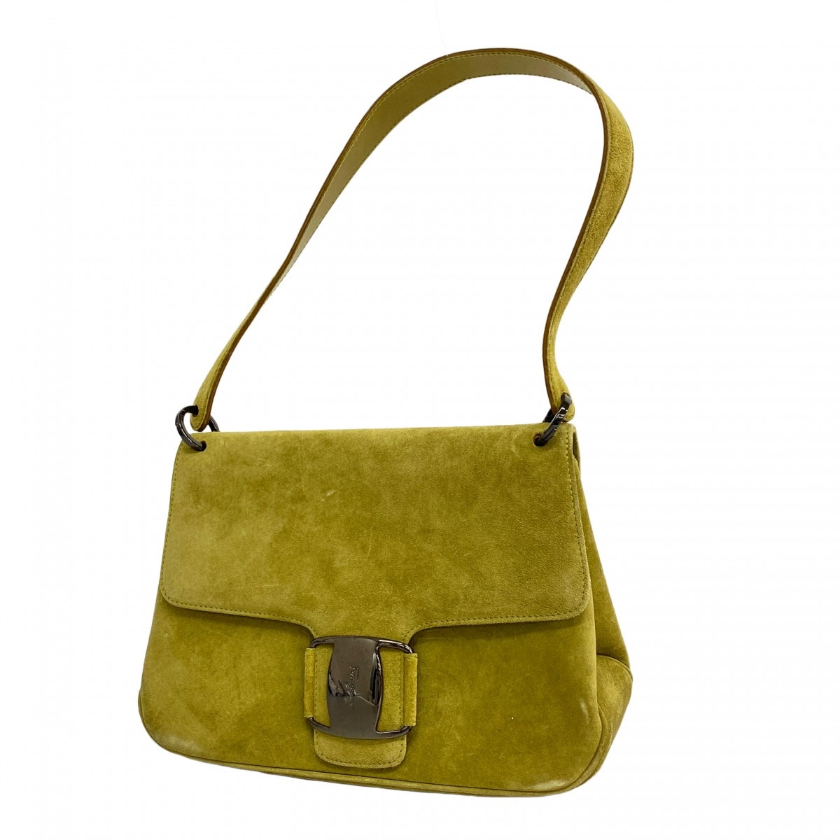 ★SALE【6cc2845】サルヴァトーレフェラガモ ショルダーバッグ ヴァラ スウェード グリーン シルバー金具【中古】レディース