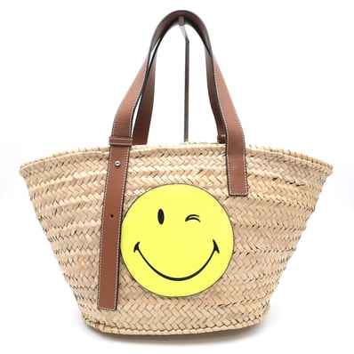 LOEWE(ロエベ)× SmileyWorld スマイリーワールド バスケットバッグ トートバッグ ストロー レザー ナチュラル ブラウン イエロー レディース【中古】