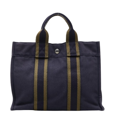 エルメス フールトゥPM ハンドバッグ トートバッグ ネイビー グリーン キャンバス レディース HERMES 【中古】