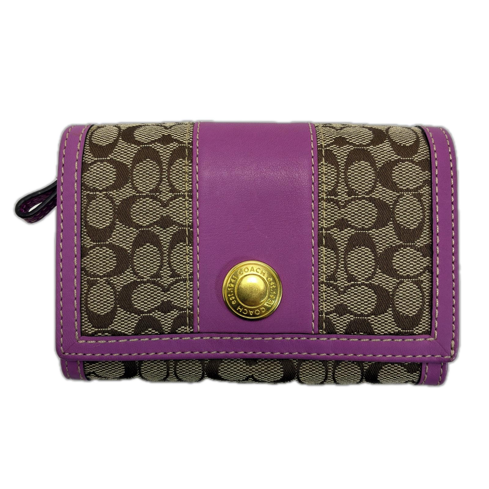 COACH コーチ ミニシグネチャー キャンバス×レザー ブラウン×パープル 2つ折り財布 レディース