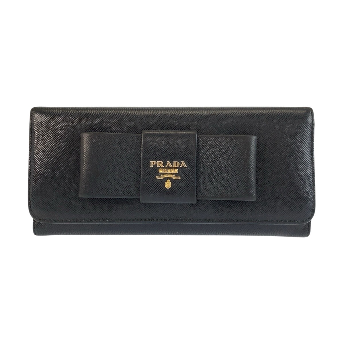 美品 PRADA プラダ サフィアーノ フィオッコ リボン ブラック 黒 ゴールド金具 レザー 長財布 ロングウォレット 601921 【中古】