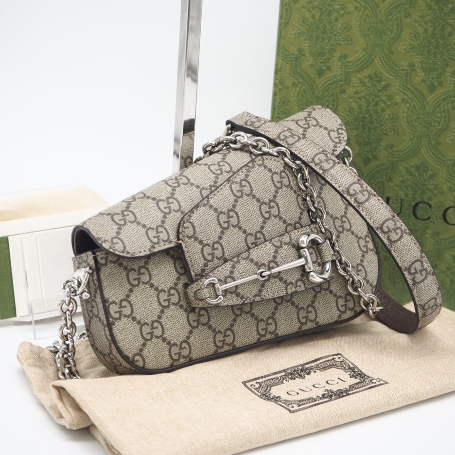極美品 GUCCI グッチ GGスプリーム ホースビット1955 チェーンショルダーバッグ 774209 2wayショルダーバッグ ベージュ ブラウン コーティングキャンバス レディース